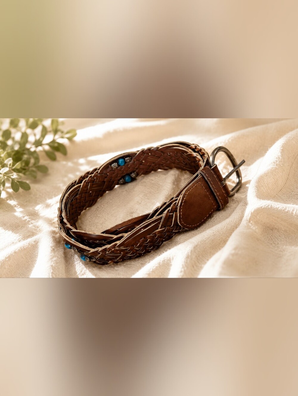 Brown Braided Leather Waist Belt with Turquoise Accents
